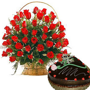 Heart Shaped Cake + 24 Red roses Basket