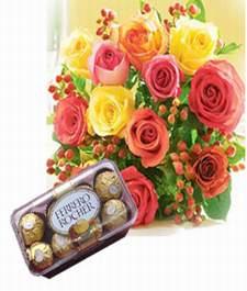 Box of Fererro Rocher (16 pieces) and a Bouquet of Flowers