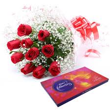 24 pink and red roses bunch+Cadburys celebrations