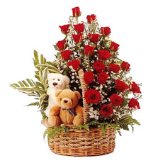 Red Roses  basket with Two Teddies